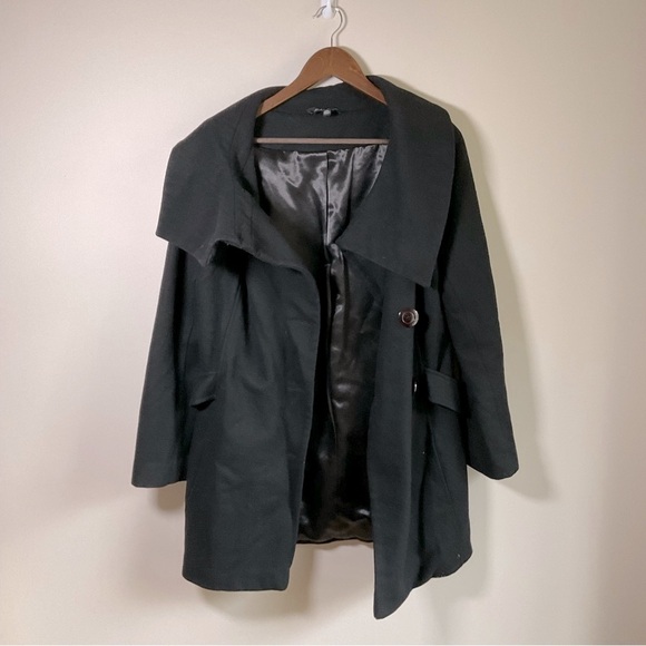 Le Chateau Woolmark Belted Pea Coat High Stand Collar Asymmetrical Black Small - Picture 4 of 12